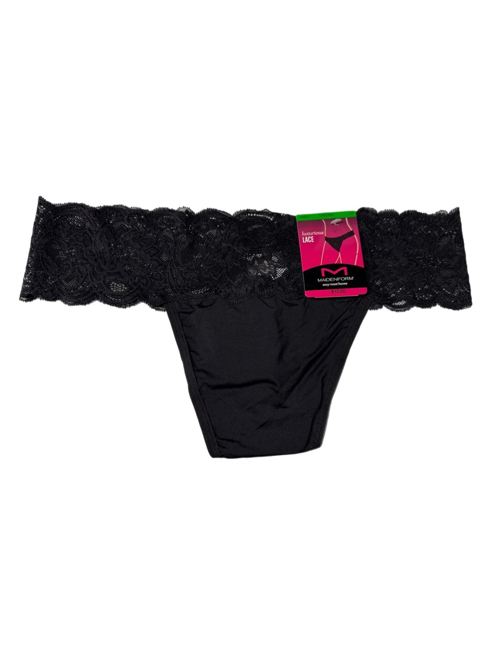 Maidenform Luxurious Lace Thong Panty Black Wide Lace Waist NWT Size L